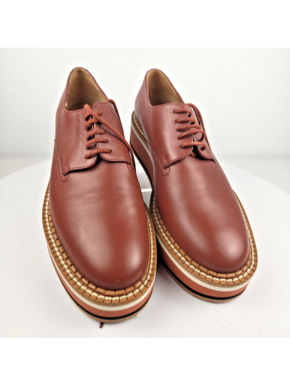 Clergerie Brook Double Gold Platform Creeper Oxford Cognac Leather NIB 37.5